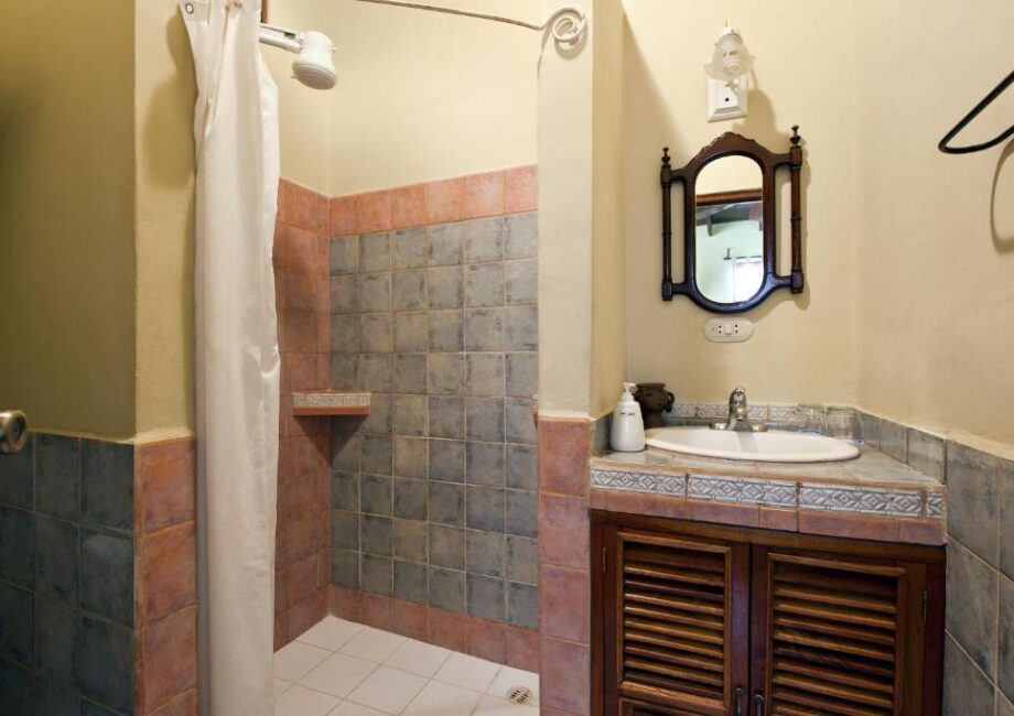 Bathroom with a walk-in shower, single sink vanity, and rectangular mirror.