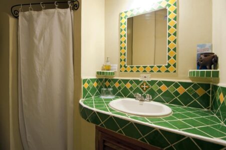 Bathroom with sink, mirror, and shower curtain